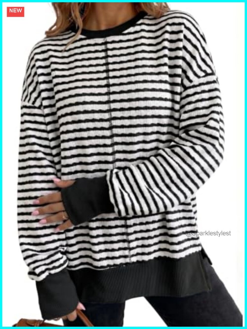 Womens Striped Side Slit Crewneck Sweatshirt Long Sleeve Pullover Top